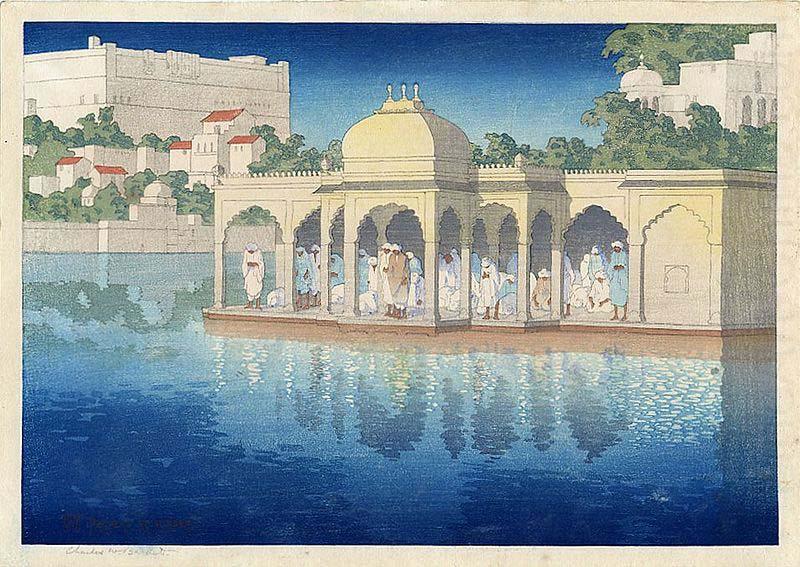Prayers at Sunset, Udaipur, India, woodblock print by Charles W. Bartlett, 1919, Honolulu Academy of Arts, Charles W. Bartlett